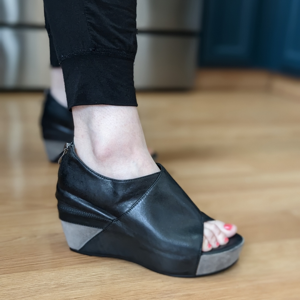SOLD Black Leather, Gray Suede Antelope Wedges - Shoes